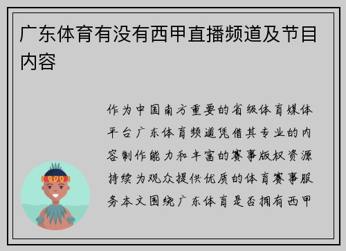 广东体育有没有西甲直播频道及节目内容